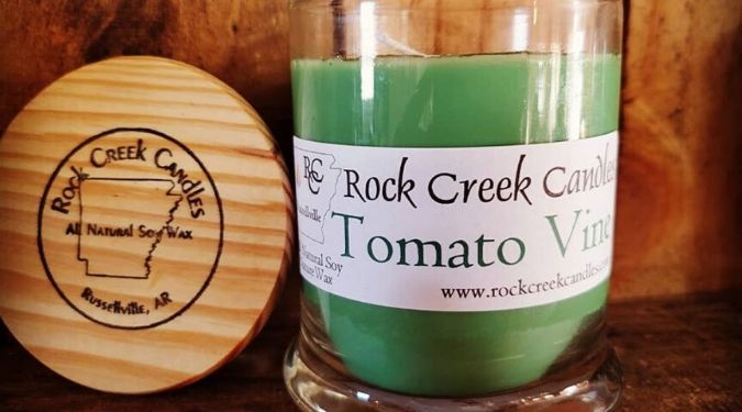 Rock Creek Candles green soy wax candle wooden lid tomato vine scent