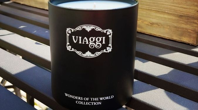 Viaggi Fragrances black candle vessel outside
