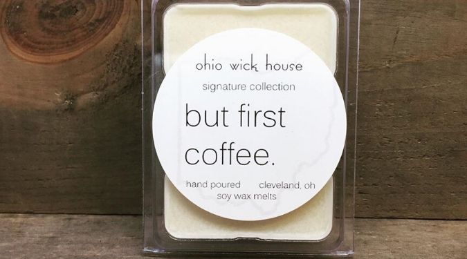 Ohio Wick House white soy wax clamshell wax melt against wood wall
