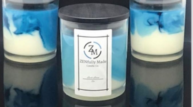 Three soy candles white and blue swirls black lid from Zenfully Made