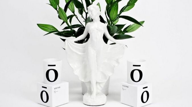 Iiuvo white candles by white figurine and green plant