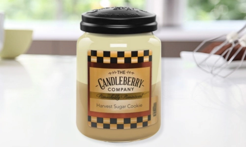 Candleberry Harvest Sugar Cookie jar candle with black lid and bakery-inspired label