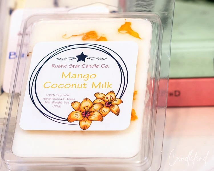 Rustic Star Candle Co. Mango Coconut Milk soy wax melt in clamshell packaging