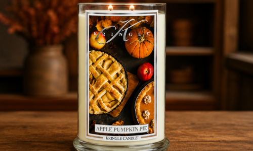 Kringle Apple Pumpkin Pie Candle Kringle Apple Pumpkin Pie candle featuring apple pie and pumpkin pie label artwork