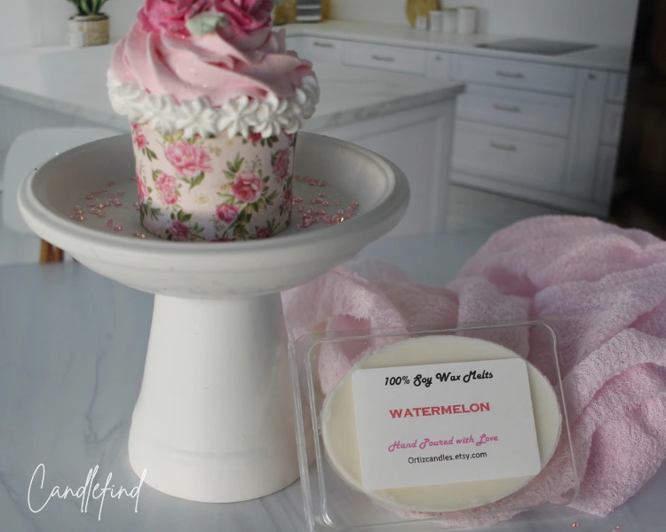 Watermelon wax melt from Ortiz Candle Co. styled with cupcake decor and pink accents