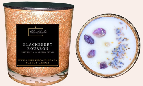 Cabernet Candles Blackberry Bourbon soy candle with glittered vessel, amethyst stones, and lavender petals