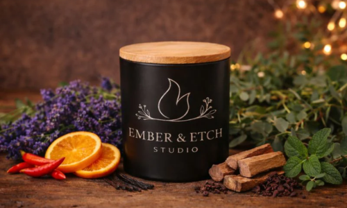 Ember & Etch Studio candle surrounded by citrus, herbs, spices, and botanical fragrance ingredients