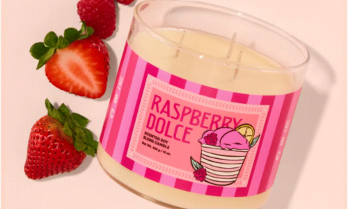 Ulta Beauty Raspberry Dolce three-wick candle with raspberries and strawberries