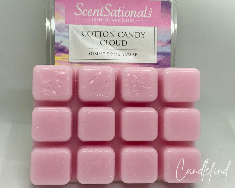 Scentsationals Cotton Candy Cloud wax melts with pink wax cubes displayed in front of the package.