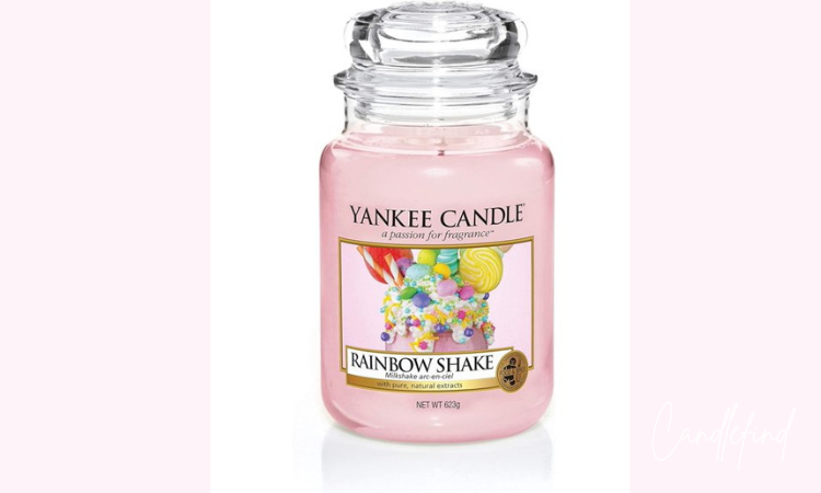 Yankee Candle Rainbow Shake large jar candle with pink wax and colorful candy-themed label
