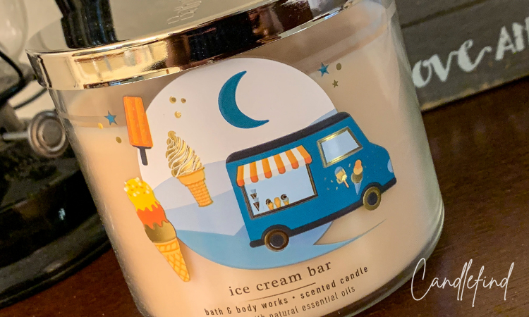 Angled view of Bath & Body Works Ice Cream Bar three-wick candle with ice cream truck label