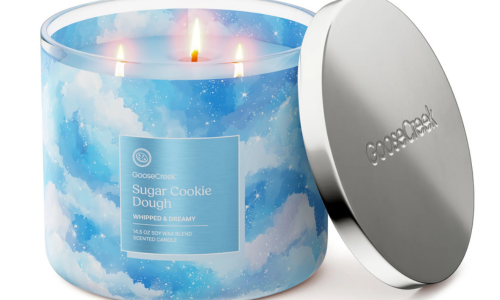 Goose Creek Sugar Cookie Dough 3-wick candle with blue cloud design and silver lid