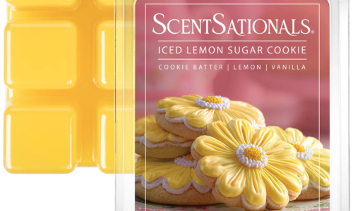 ScentSationals Iced Lemon Sugar Cookie wax melts with yellow flower-shaped lemon cookies