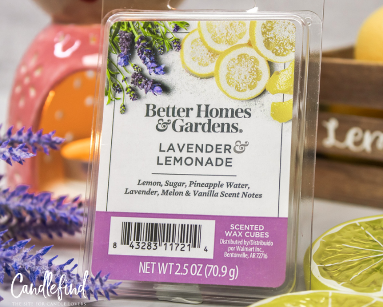 Better Homes & Gardens Lavender & Lemonade wax melts displayed with lavender sprigs and lemon accents