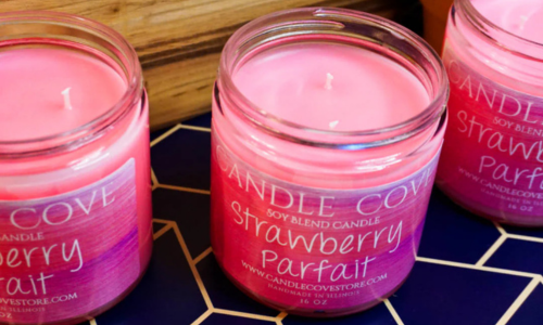 Candle Cove Strawberry Parfait candle with sweet strawberry, cream, and coconut fragrance notes