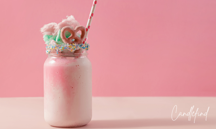 Pink berry milkshake topped with whipped cream, rainbow sprinkles, and a pretzel against a pink background